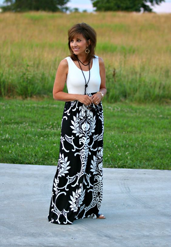 Maxi Dress With Patterned Skirt And Solid Top