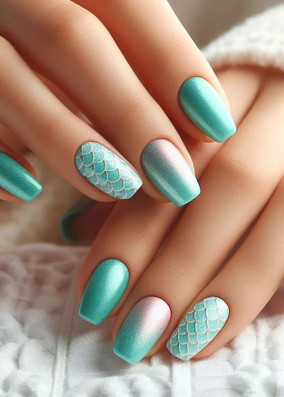Mermaid Mint Green And Pink Nails