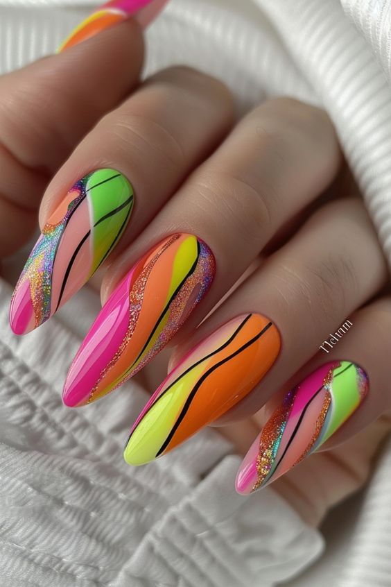 Neon Abstract Nails With Glitter And Black Lines