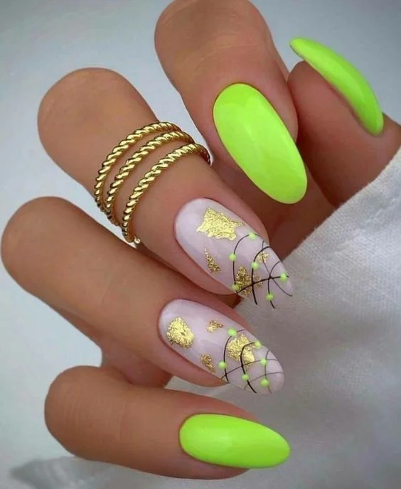 Neon Green And White Oval Nails With Gold Leaf Details