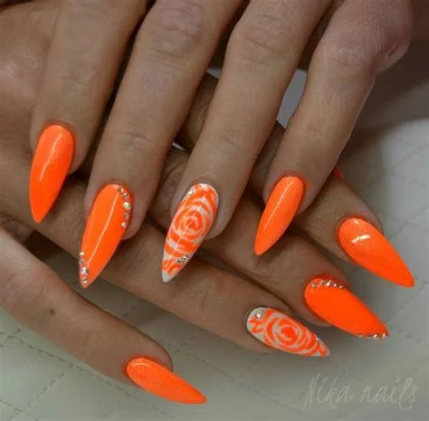 Neon Orange Nails With Rose Nail Art