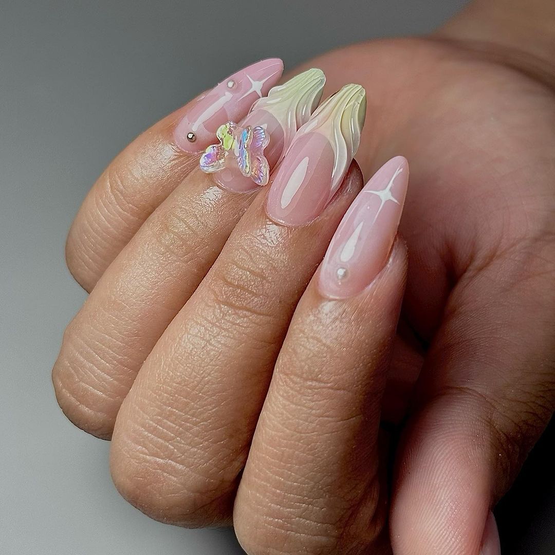 Nude Almond French Nails With 3D Acrilic Design And Butterfly