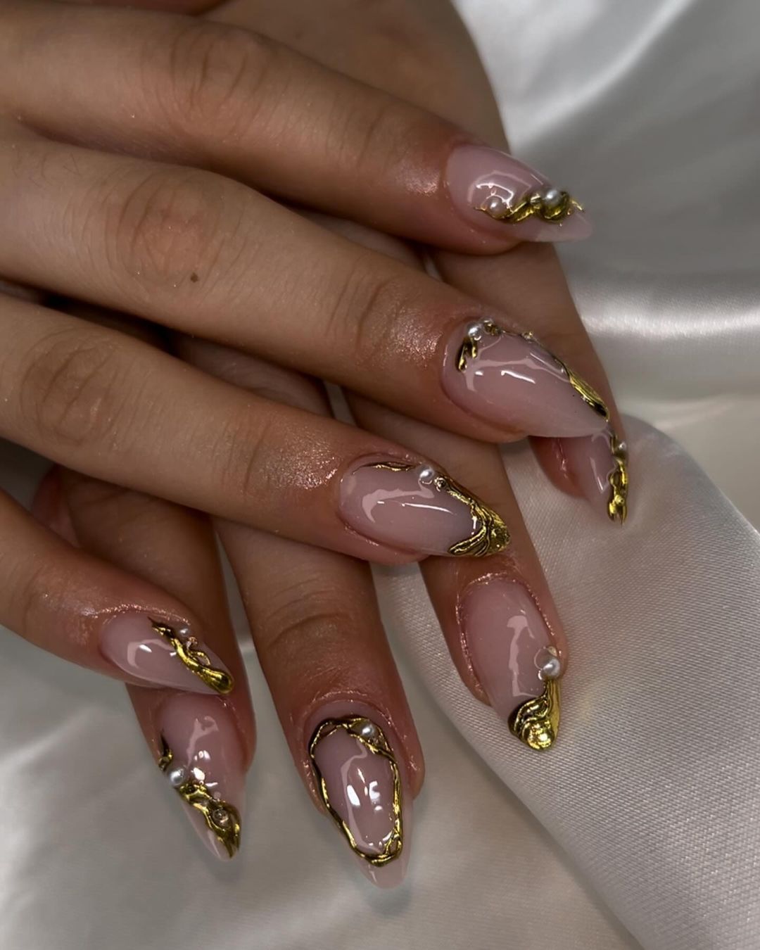 Nude Almond Nails Witg 3D Gold Details And Pearls