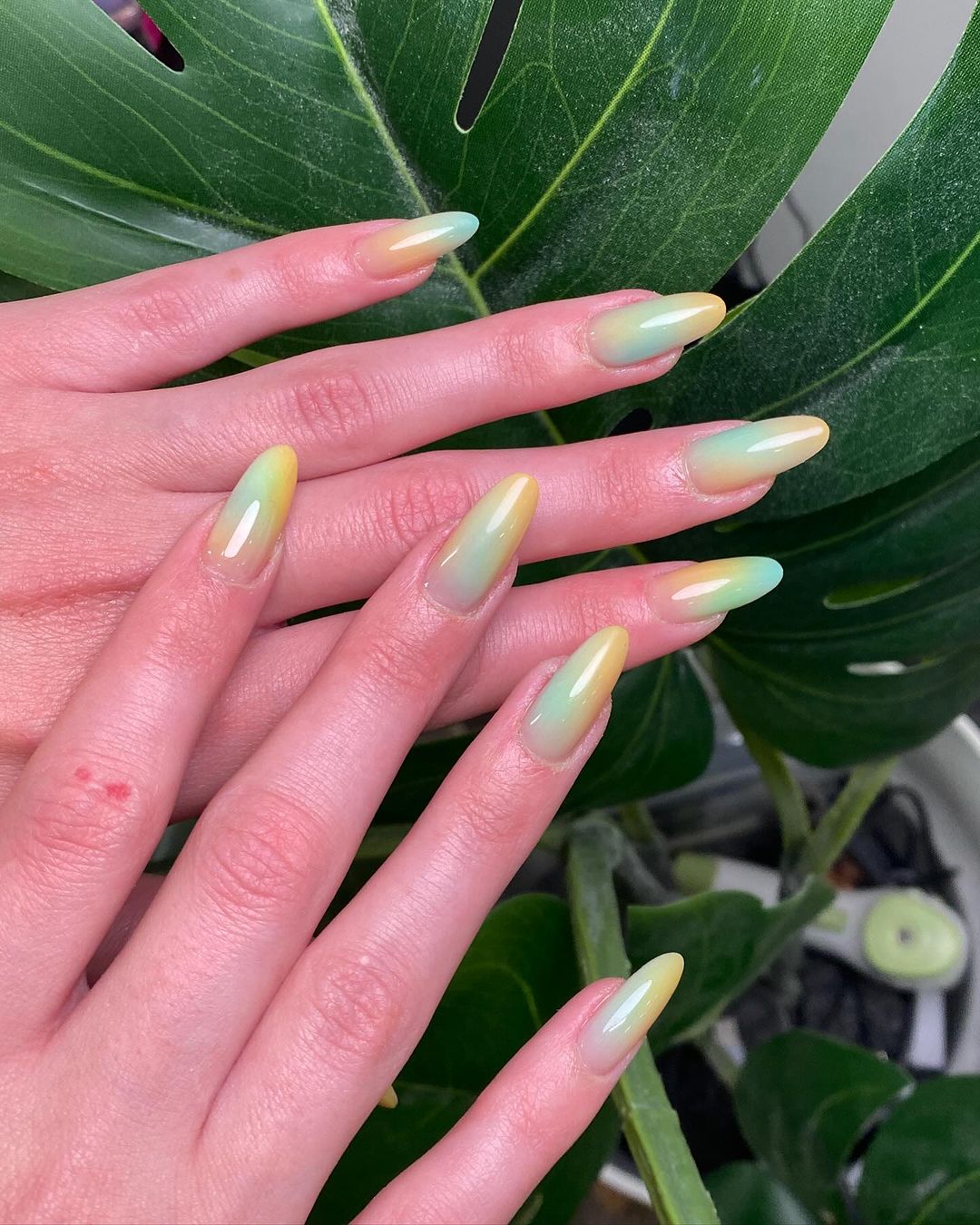 Nude, Lime Green And Sofr Yellow Shifting Nails