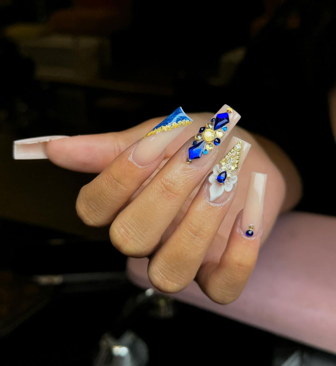 Nude Square Nails With Blue Rhinestones, 3D Acrylic Flower And Golden Details