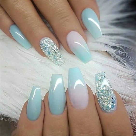 Ombre Baby Blue Coffin Nails With Glitter Accents