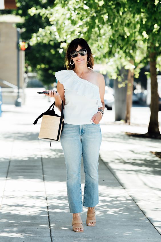 One Shoulder Ruffle Neckline Top And Cropped Jeans