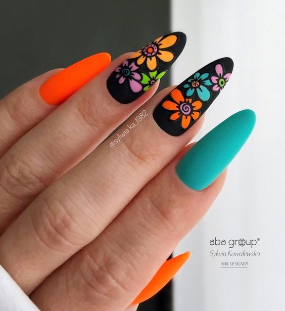 Orange And Blue Matter Nails With Flowers On Black Base