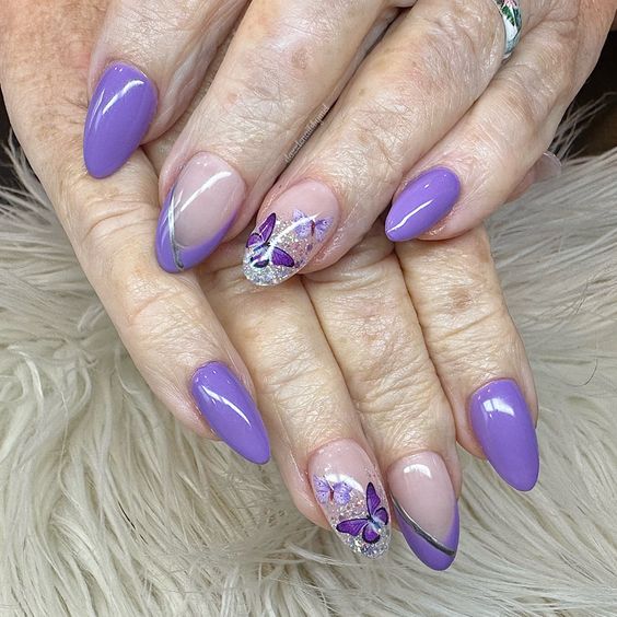 Oval Violet Gel And Nude Nails With Butterfly Design