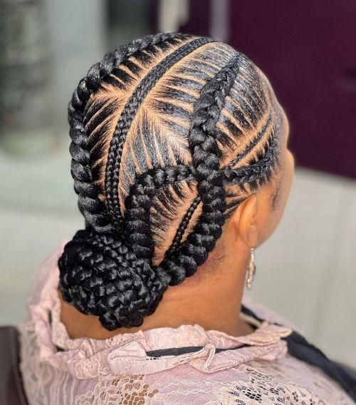 Overlaping Chunky And Micro Cornrows Into Low Bun