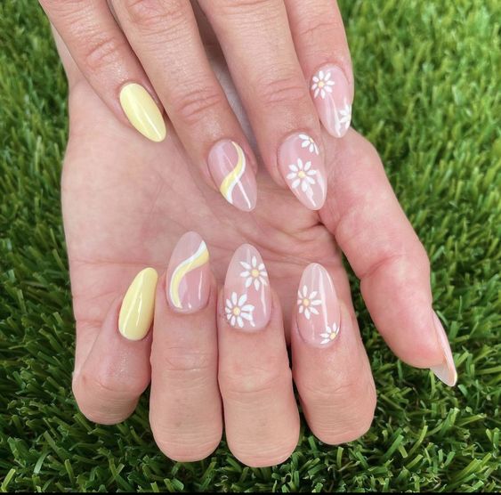 Pale Yellow And Nude Almond Nails With Dasies