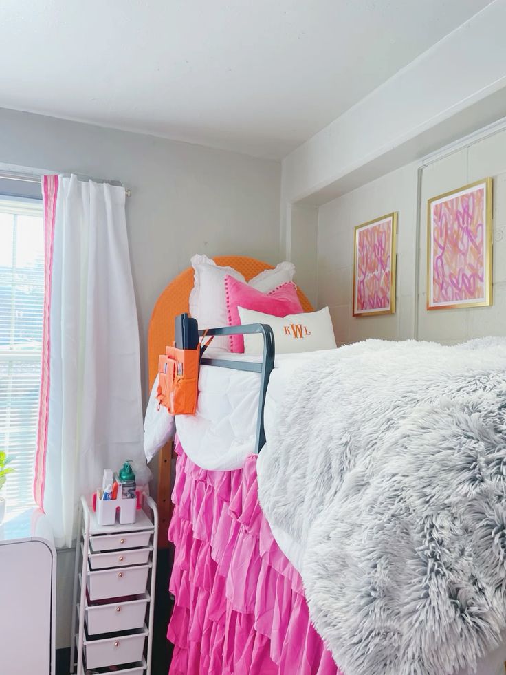 Pink Frilly Bed Cover With Orange Headboard And Orange Pink Wall Art