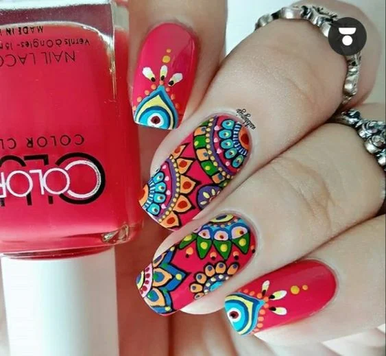 Pink Mexican Traditional Patterns Nails