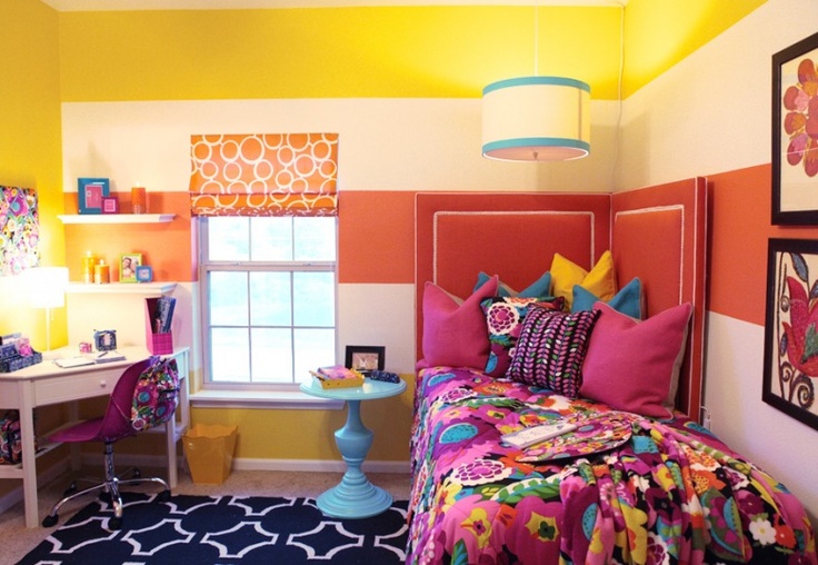 Pink Striped Wall And Headboard With Tropical and Pink Bed Cover