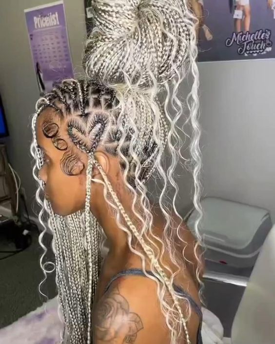 Platinum Box Braids In A Top Bun With Heart Cornrow