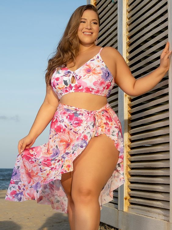 Plus Floral Knot Front Bikini Swimsuit With Beach Skirt