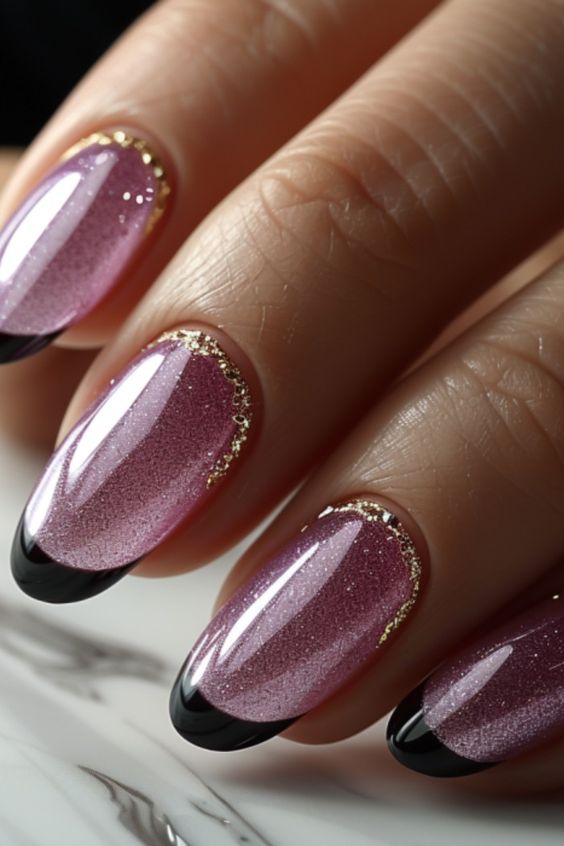 Purple Sparkle Nails With Black Tip And Gold Glitter At Bottom