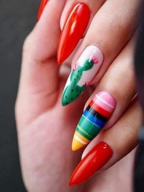 Red Almond Nails With Fiesta Volors And Cactus Art