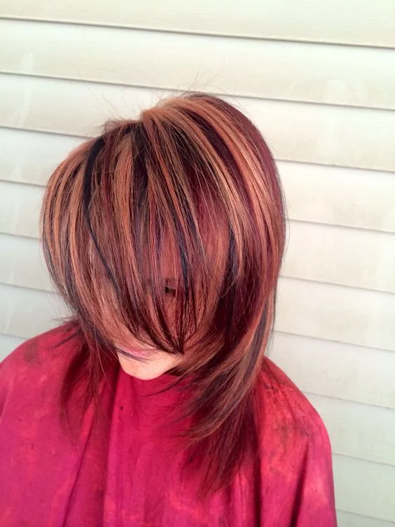 Red And Rose Gold Highlight On Black Hair