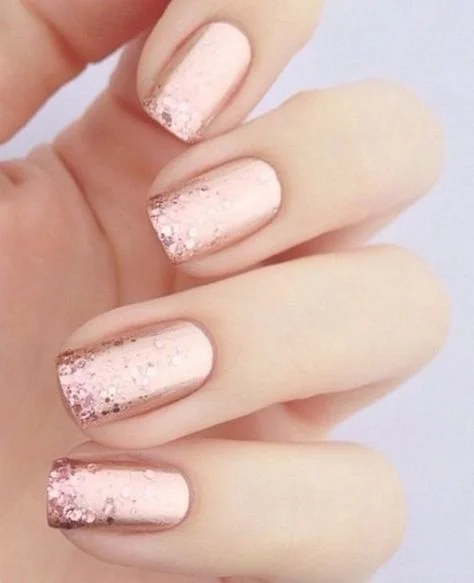 Short Champagne Nails With Glitter Tips