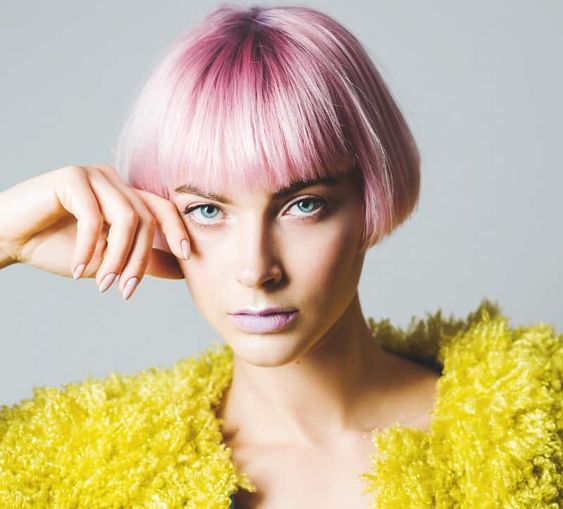 Short Pink French Bob With Straight Bangs