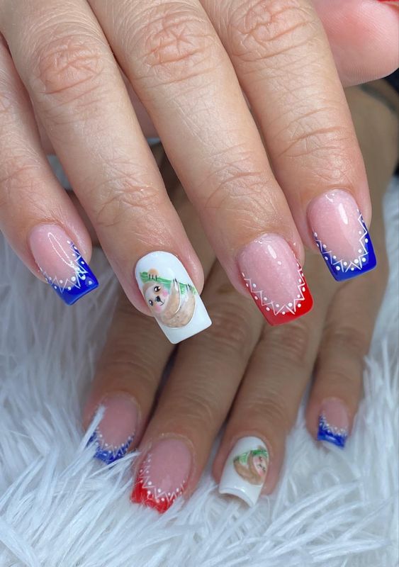 Short Sqare Red And Blue French Mani With Sloth Accent Nail