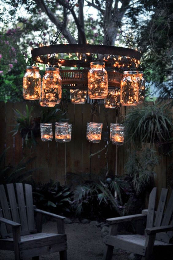 Solar Lights Chandelier From Old Wheel And Hanging Mason Jars