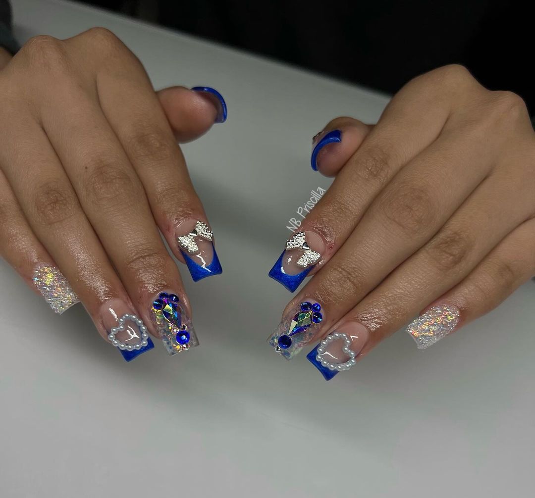 Square Clear Acrylic Navy Blue French Mani With Rhinestones