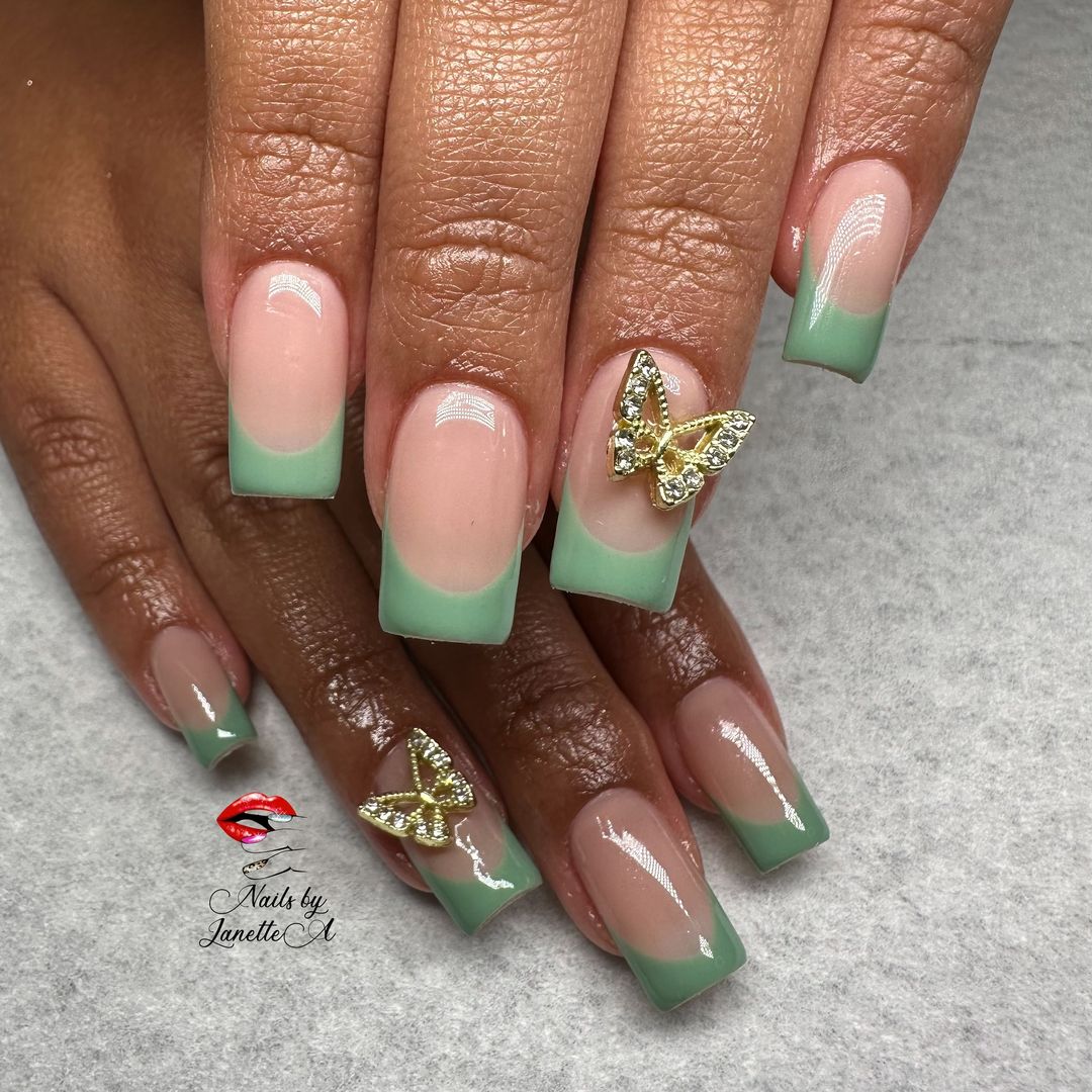 Square Gel French Mani With Butterfly Accessorie