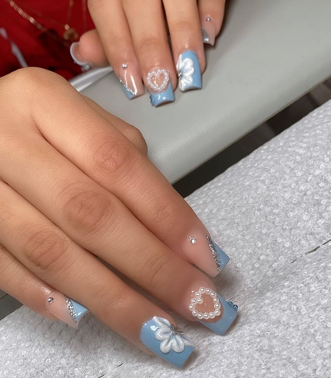 Square Nails With White Pearls And Flower