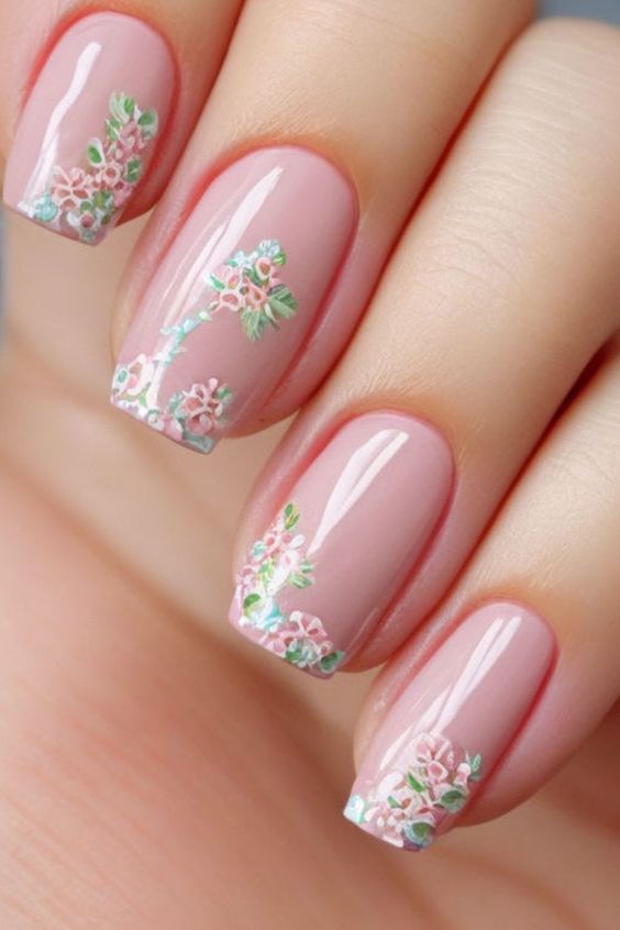 Square Peach Nails With Floral Mani