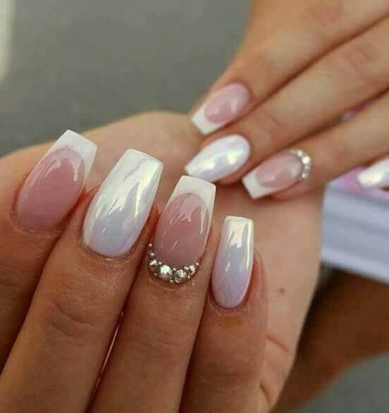 Square Pearl White And Clear French Mani With Rhinestones