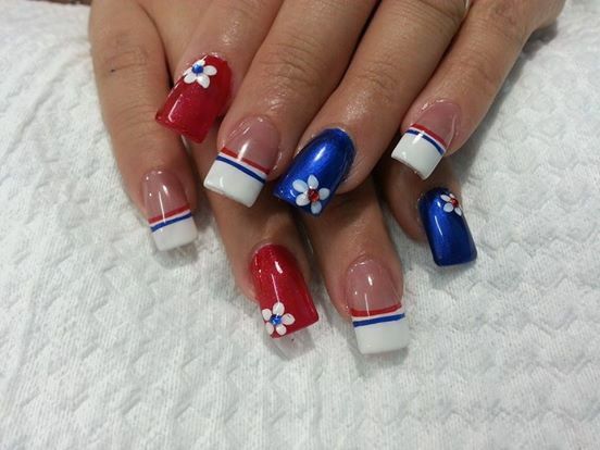 Square Red And Blue Nails WItbh French Tip And Floral Detail