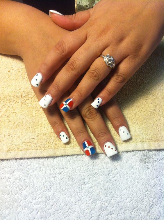 Square White Nails With Dominical Flag Accent And Rhinestones