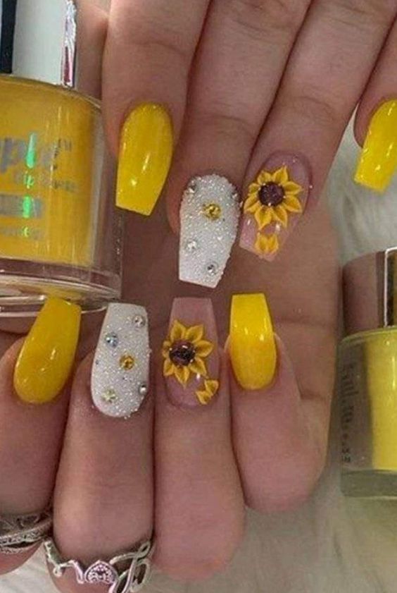 Square Yellow Sunflower Design And White Glutter And Rhinestones