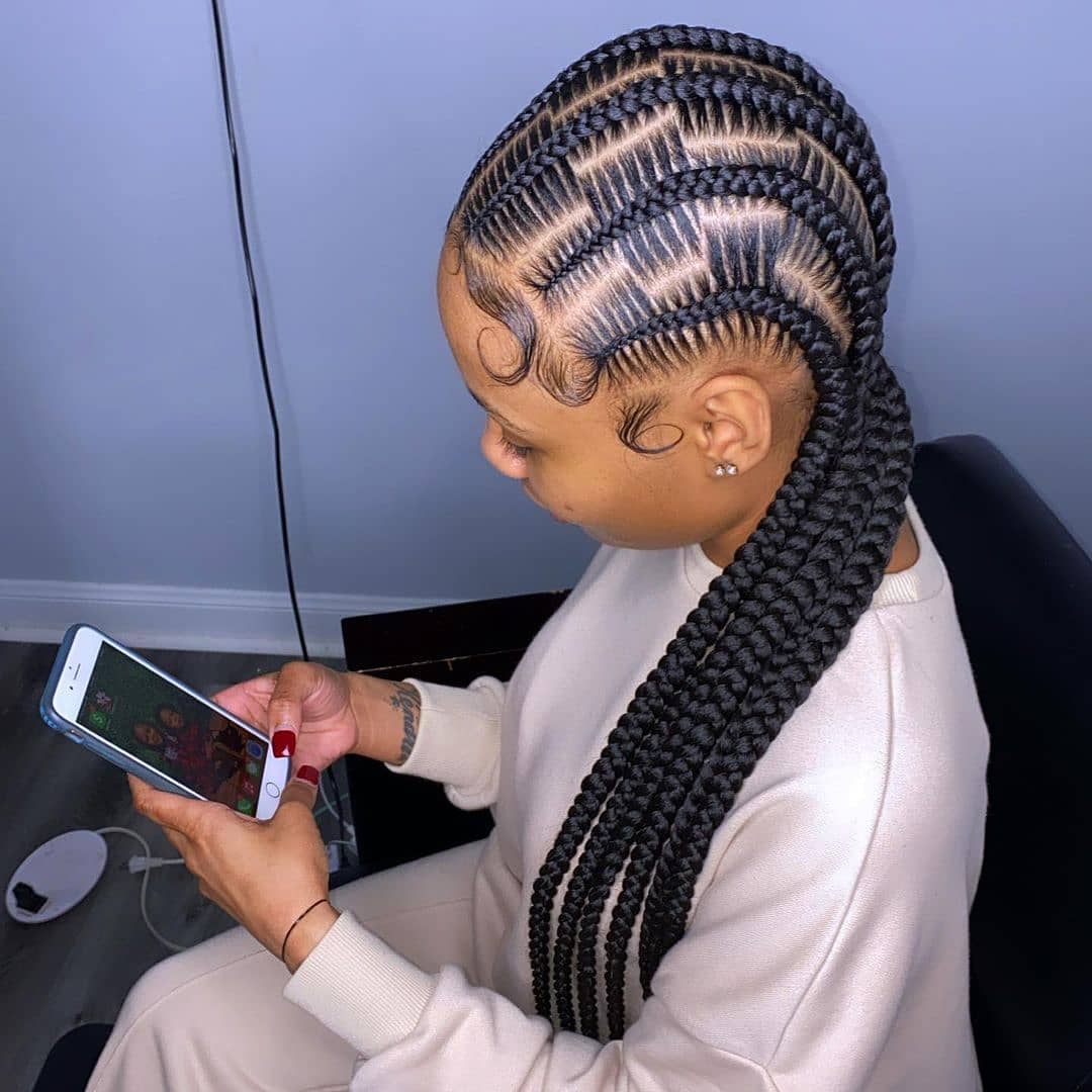 Straight Feed In Cornrows In Chechered Pattern