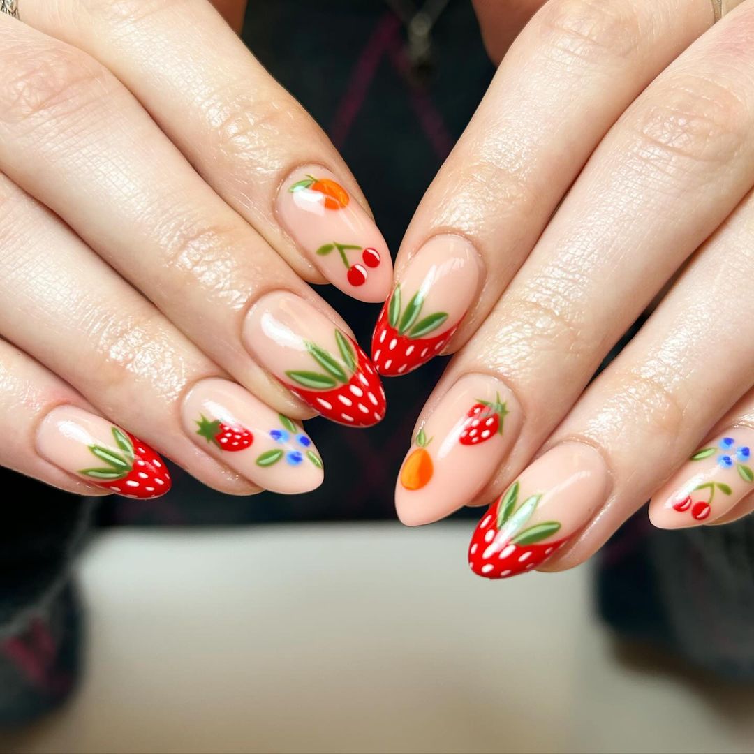 Strawberry French Mani With Fruit Designs On Nude Nails