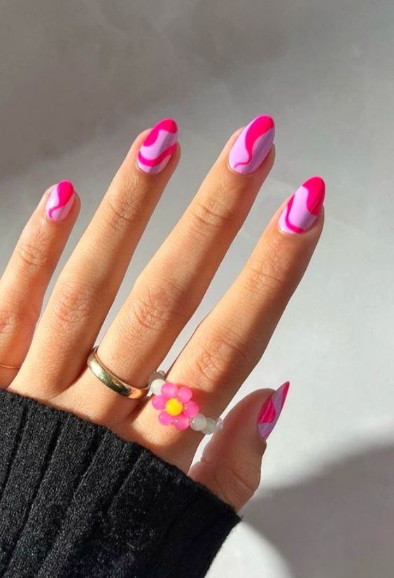 Two Tone Pink Neon Wavy Nails