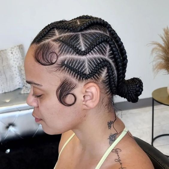 Wavey Diamon Sectoned Feedin Cornrows Into Low BUn