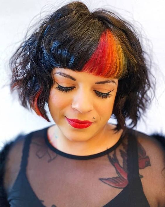 Wavy Messy French Bob With Rainbow Bangs