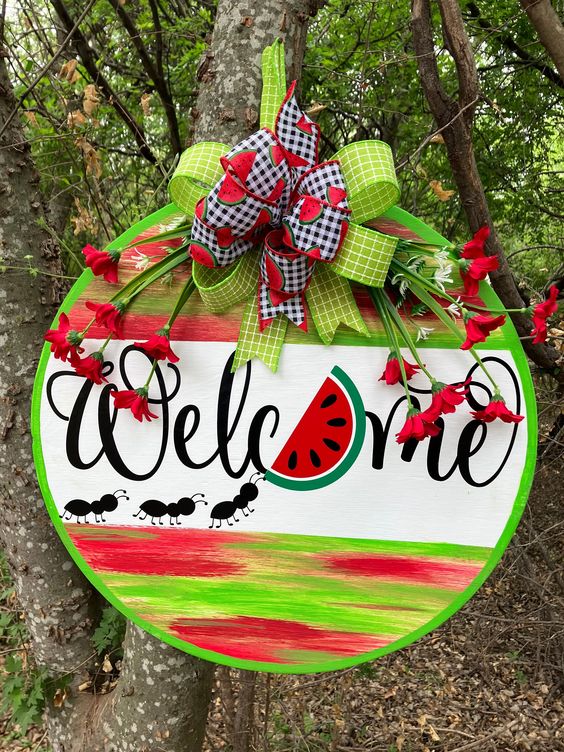 Welcome Watermelon Wit Ribbon And Flowers Door Hanger