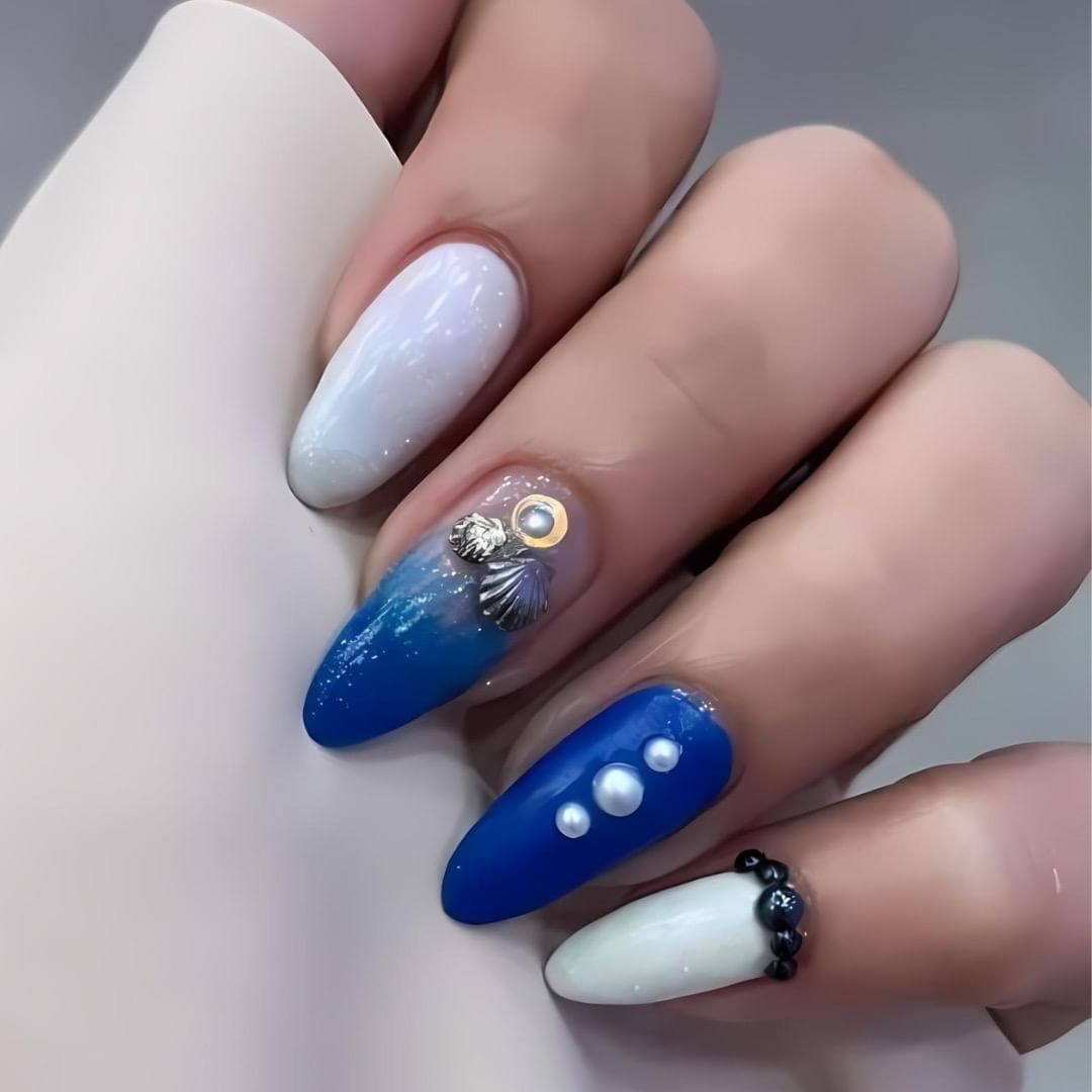 White And Blue Ocean Nails With Pearls And Shells