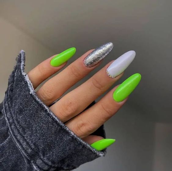 White, Neon Green And Silver Glitter