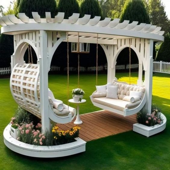 Wooden Rafter Pergola With Swing Benches