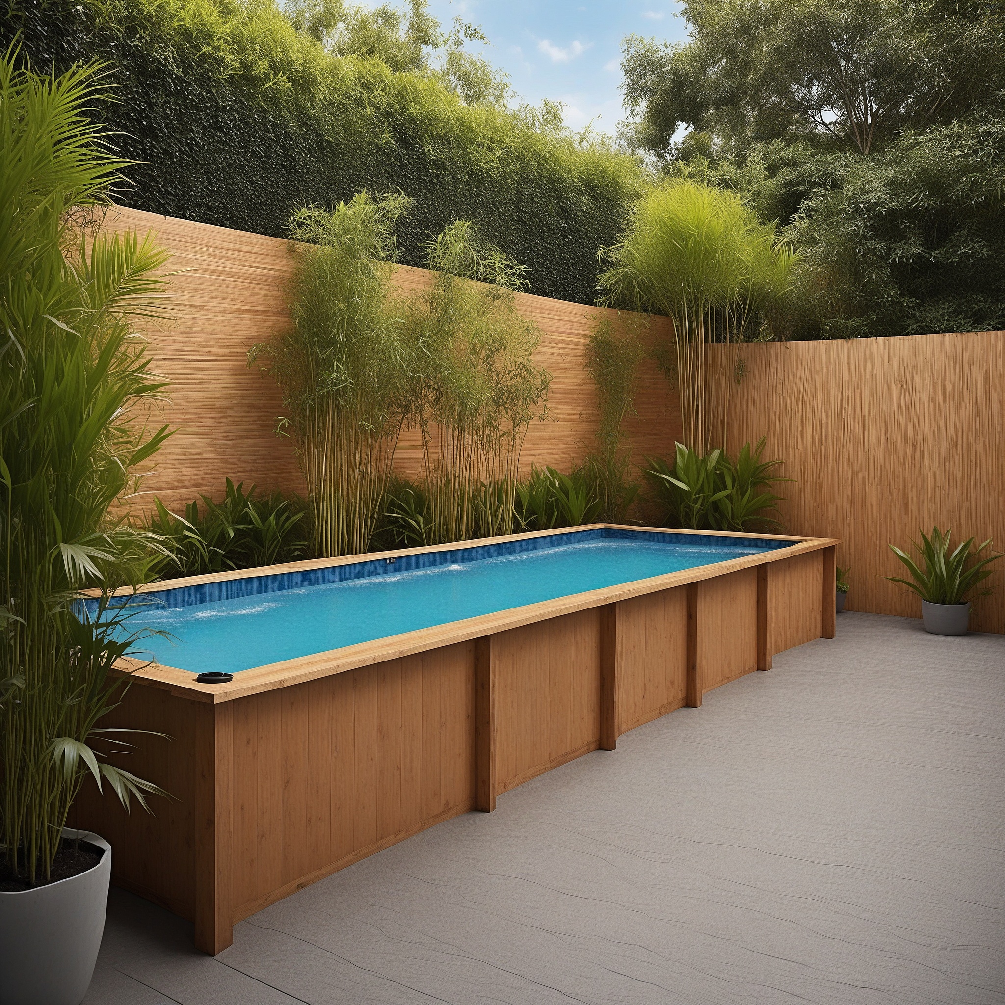 Above-Ground Pool Surrounded by a Tall Wooden Privacy Fence and Lush Bamboo Plant