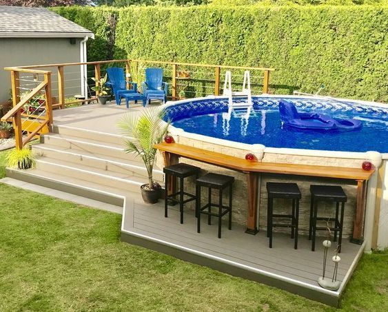 Above-ground Pool With Raised Seating Deck And Bar Seating