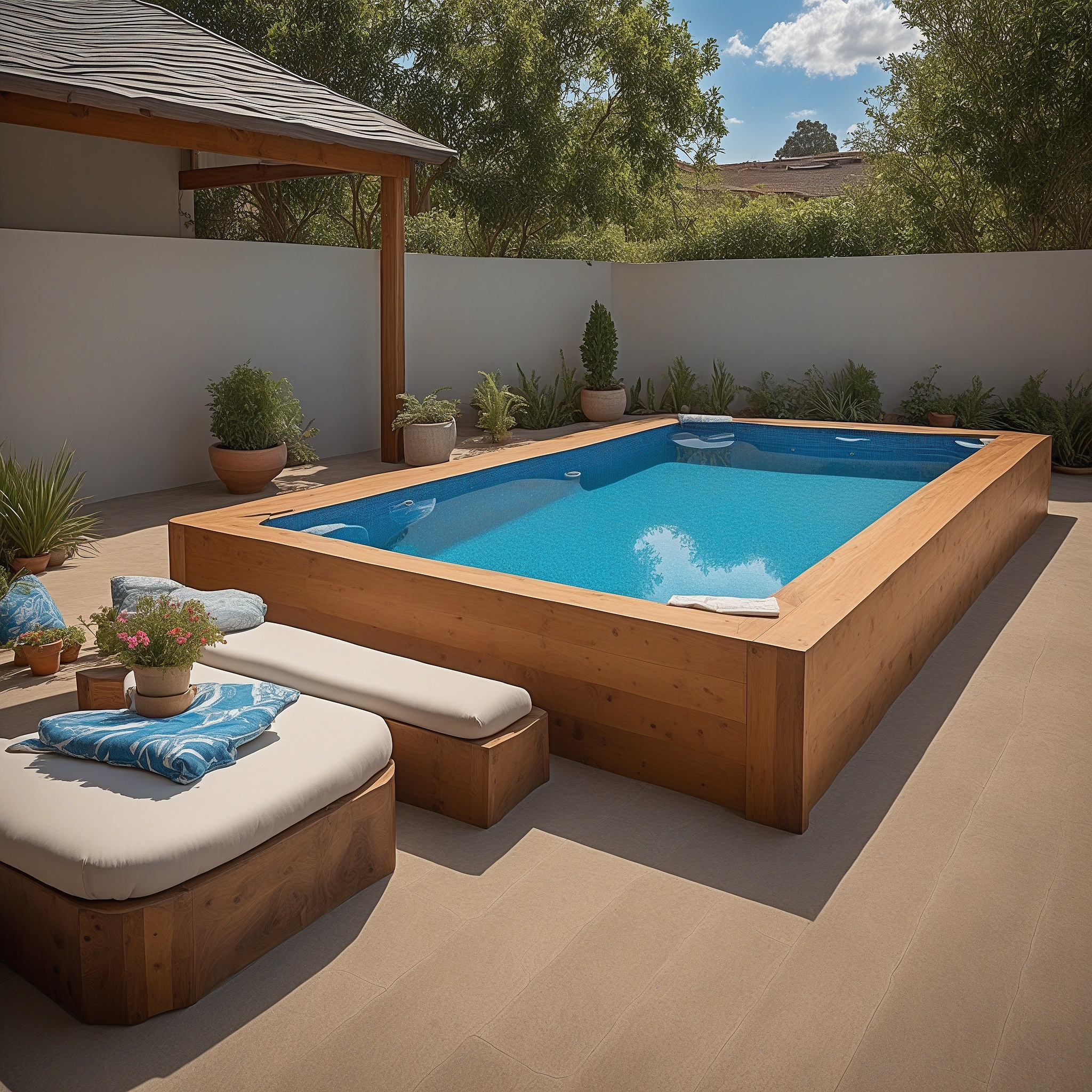 Above-ground Pool With a Resin Deck and Built-in Storage Benches