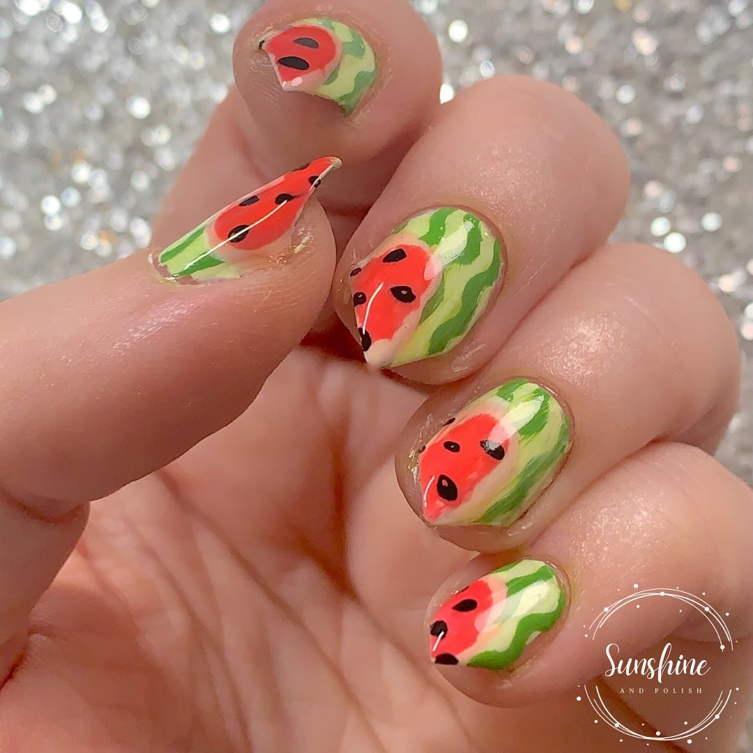 Arrowhead Nails With Sliced Watermelon Skin Design