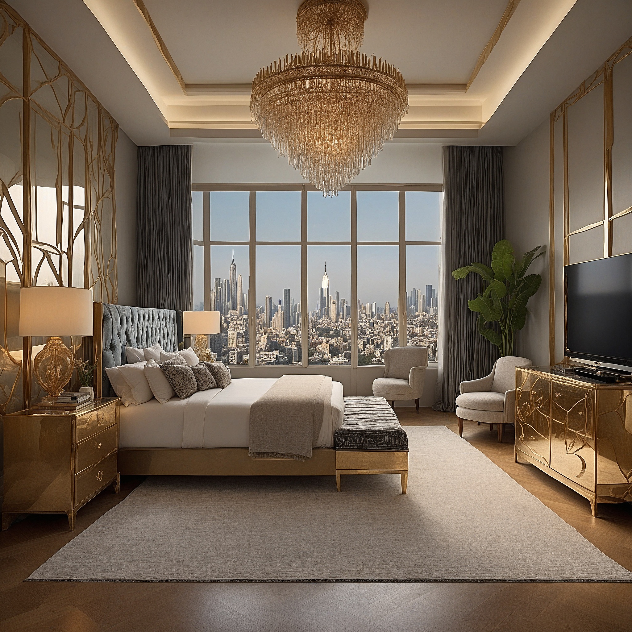 Art Deco Bedroom With Geometric Furniture And Gold Finishes