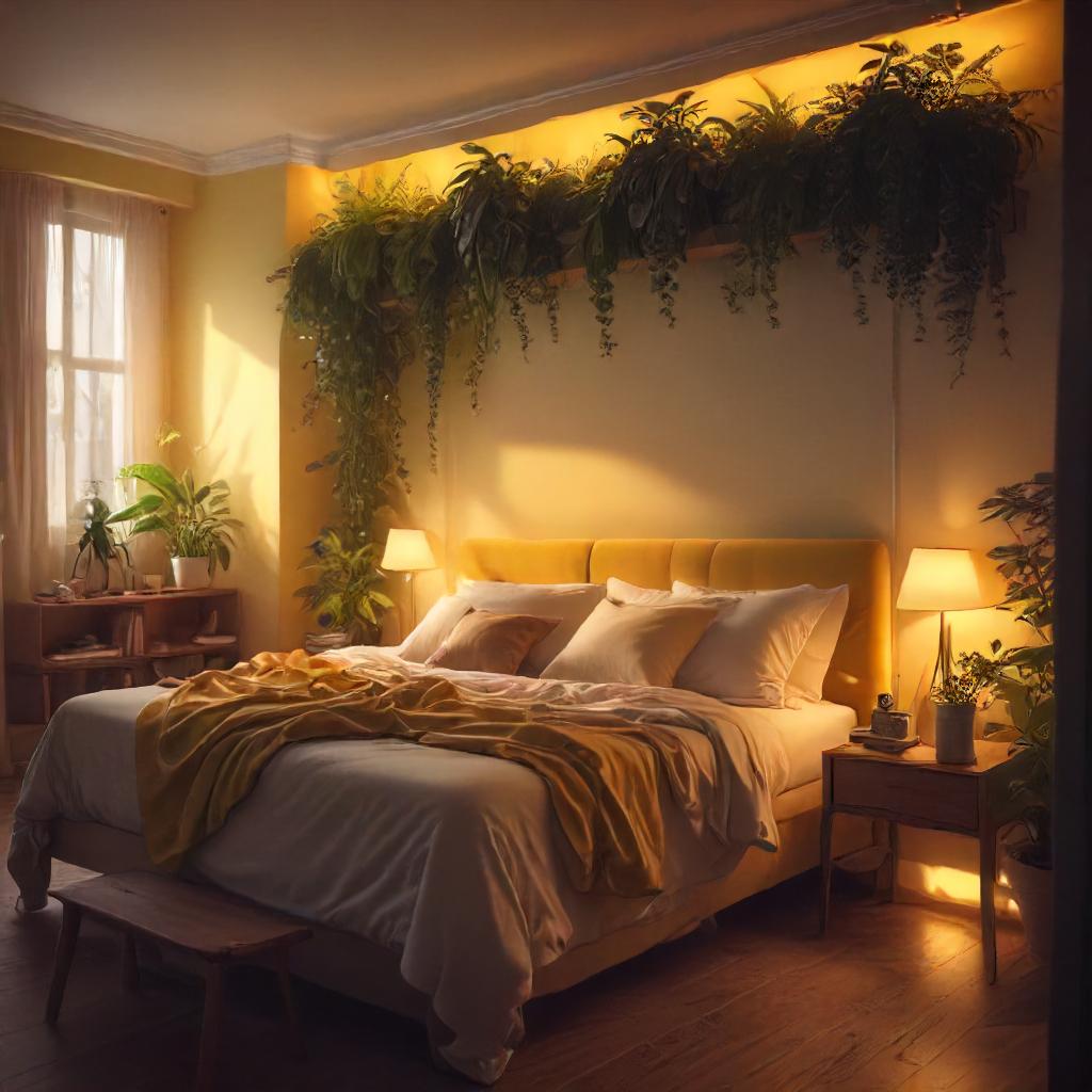 Backlit Bedroom With Hanging Plants